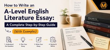 A-Level English Literature essay writing guide banner with books, study notes, thesis notebook, and step-by-step essay writing process.