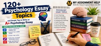 Psychology essay topics banner featuring brain model, psychology books, essay outline, and tips for writing an A+ psychology essay.