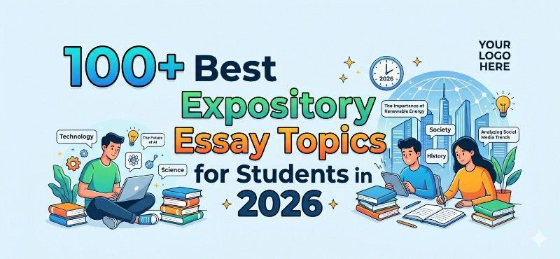 Educational banner text "100+ Best Expository Essay Topics for Students in 2026" featuring illustrated students studying with books and laptops.