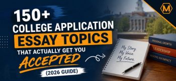 150+ college application essay topics guide thumbnail with accepted text, notebook, campus background, and logo
