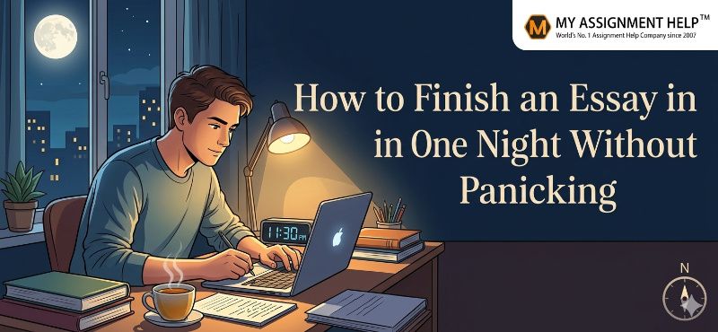 Student writing a term paper on a laptop at a desk at night with a lamp on and the MyAssignmentHelp logo.