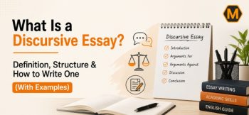 Discursive essay guide banner showing essay structure, examples, and academic writing elements with notebook, books, and study icons.