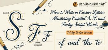 Cursive writing guide showing how to draw capital S, capital F, and tricky words with directional stroke arrows