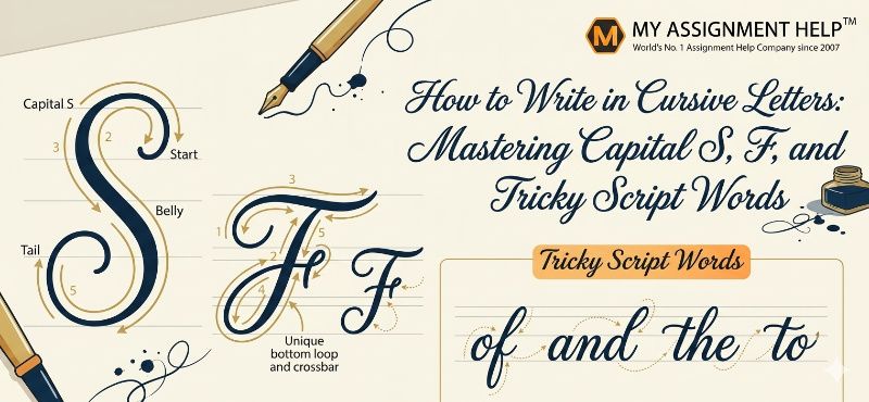 Cursive writing guide showing how to draw capital S, capital F, and tricky words with directional stroke arrows