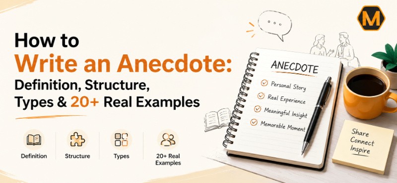 Illustrated banner showing how to write an anecdote with notebook, coffee cup, and examples of anecdote structure and types.