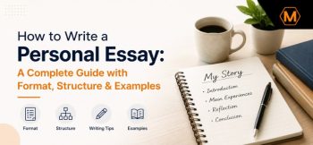 How to Write a Personal Essay guide banner with notebook, coffee cup, writing icons, and educational blog design