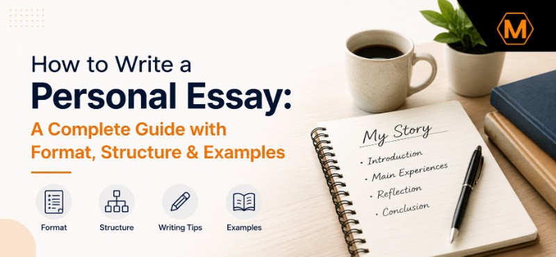 How to Write a Personal Essay guide banner with notebook, coffee cup, writing icons, and educational blog design
