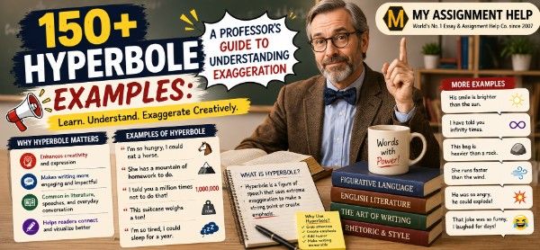 Hyperbole examples guide featuring exaggerated illustrations, literary references, and educational notes explaining figures of speech.