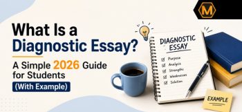 Diagnostic essay guide illustration with notebook checklist, books, coffee mug, and 2026 student writing tips