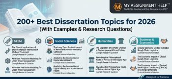 An infographic listing academic dissertation topics for 2026 with a corporate logo in the top right corner.