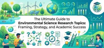 A banner titled "The Ultimate Guide to Environmental Science Research Topics" surrounded by data charts, green technology, and academic illustrations.