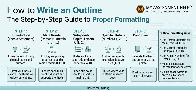 Step-by-step outline formatting guide infographic by My Assignment Help, from introduction to conclusion with rules.