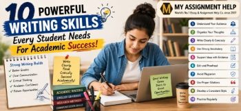 Student practicing academic writing skills with laptop, notebook, writing checklist, and essential communication techniques.