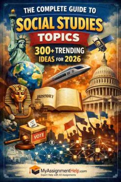 A collage of social studies themes including the Statue of Liberty, an Egyptian pharaoh, the US Capitol, and a digital network, titled "The Complete Guide to Social Studies Topics."