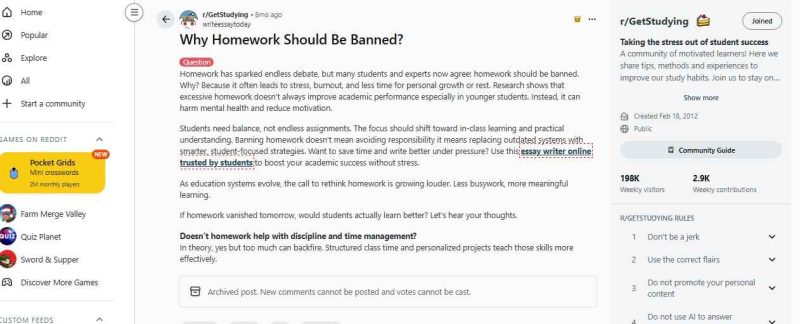 Screenshot of a Reddit discussion regarding the mental health impact of homework and why it should be banned.