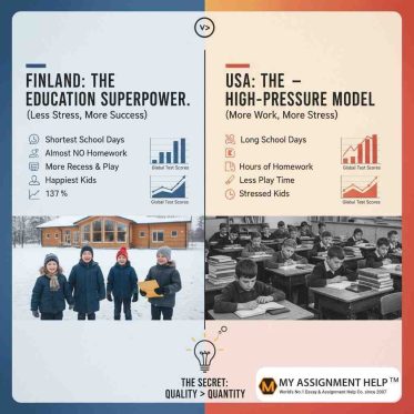 Comparative chart showing Finland's education success with minimal homework hours and high PISA rankings compared to global averages.