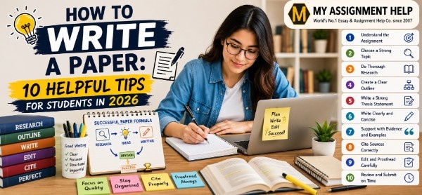 Student writing an academic paper with research notes, laptop, outline, and step-by-step paper writing tips.