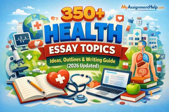 A vibrant educational graphic for "350+ Health Essay Topics" featuring medical icons, a laptop, and a human anatomy illustration.