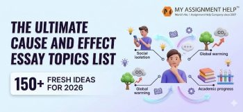 An infographic for 150+ cause and effect essay topics featuring a 3D avatar with social, global warming, and academic icons.
