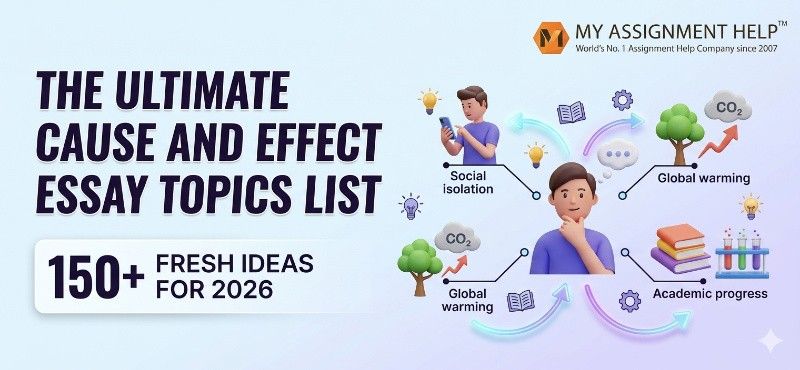 An infographic for 150+ cause and effect essay topics featuring a 3D avatar with social, global warming, and academic icons.