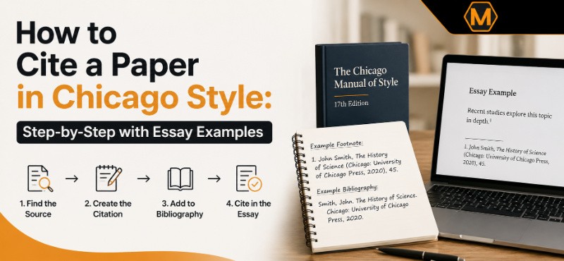 Chicago style citation guide banner with step-by-step essay examples, Chicago Manual of Style book, laptop, and citation workflow icons.