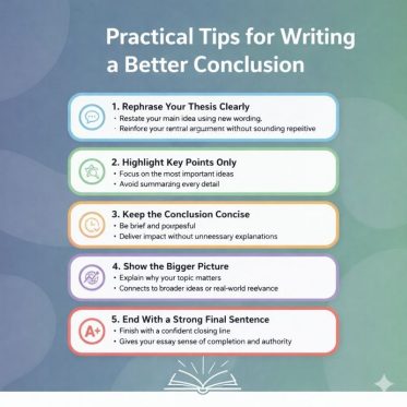 Infographic with five practical tips for writing a better essay conclusion