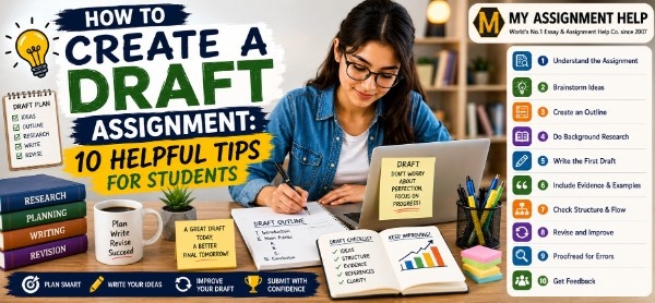 Student creating a draft assignment with research notes, outline, laptop, and step-by-step academic writing tips.