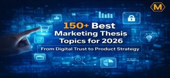 Marketing thesis topics 2026 digital marketing concepts with icons and data visualization background
