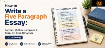 How to Write a Five Paragraph Essay infographic showing essay format, outline template, and step-by-step structure with a notebook displaying the five-paragraph essay outline.