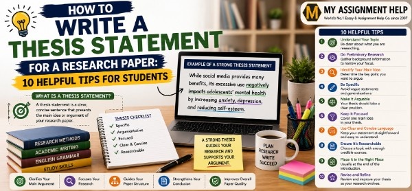 Thesis statement writing guide featuring research paper example, thesis checklist, and tips for creating a strong thesis statement.