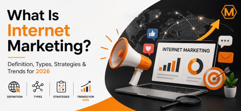 What Is Internet Marketing? Definition, Types, Strategies & Trends for 2026 banner with digital marketing dashboard, megaphone, analytics charts, social media icons, and growth arrow.