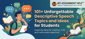 Student brainstorming speech ideas with a notepad, with the My Assignment Help logo in the corner and the title of a speech topics guide.