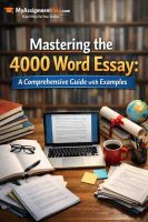 A book cover illustration titled "Mastering the 4000 Word Essay" showing a male student in a red hoodie writing intently at a desk in a library.