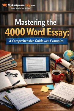 A book cover illustration titled "Mastering the 4000 Word Essay" showing a male student in a red hoodie writing intently at a desk in a library.