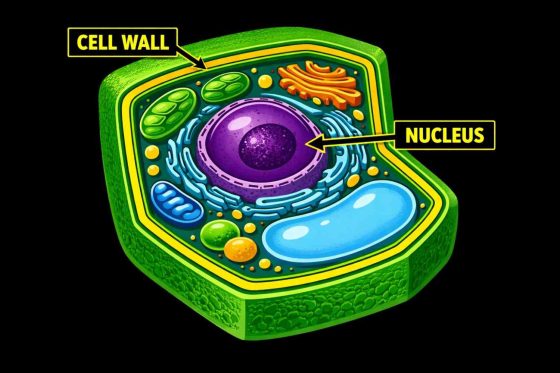 Diagram of a plant cell showing labeled cell wall and nucleus.