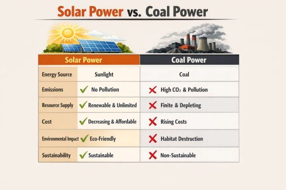 Comparison chart of solar power and coal power showing differences in emissions, cost, sustainability, and environmental impact.
