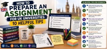 UK university assignment preparation guide featuring academic writing resources, research materials, study plan, and assignment writing tips.