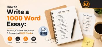 Illustration of a 1000-word essay guide with a notebook showing essay sections, a structure flowchart, format and outline icons, and a logo in the top-right corner.