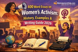 An educational illustration featuring women protesting with a megaphone and signs alongside writing tools like a typewriter and notebook for an essay guide on women's activism.