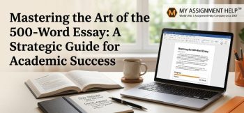 A workspace featuring a laptop, open book, and notebook with the title "Mastering the Art of the 500-Word Essay"