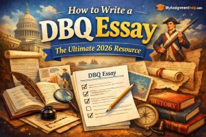 A comprehensive guide titled "How to Write a DBQ Essay: The Ultimate 2026 Resource," featuring a historical collage of the U.S. Capitol, a Revolutionary soldier, antique scrolls, maps, and a checklist.