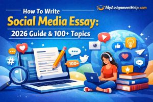 Infographic showing 110 social media essay topics for students.