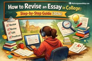 An educational illustration of a college student revising an essay on a laptop, featuring a four-step checklist: Review, Revise, Edit, and Proofread.