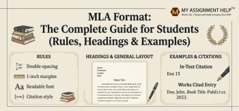 Infographic guide for MLA format with rules, headings, and examples, featuring a company logo in the top right corner.