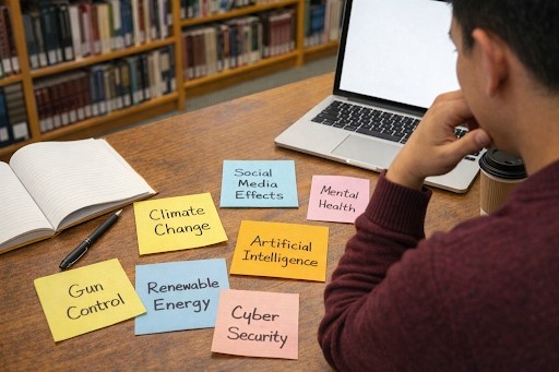 College student brainstorming research topic ideas with sticky notes and laptop for term paper