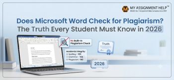 A laptop displaying Microsoft Word with infographic elements showing that MS Word lacks a built-in plagiarism check, featuring the My Assignment Help logo in the top right corner.