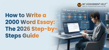 A student working on a laptop, following a 2026 step-by-step guide to writing a 2000-word essay for college and high school assignments.
