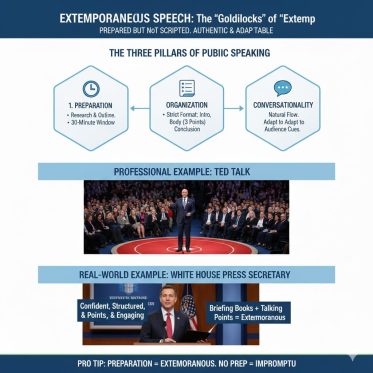 Infographic on "Extemporaneous Speech" highlighting the three pillars: Preparation, Organization, and Conversationality, with examples from TED Talks and the White House Press Secretary.