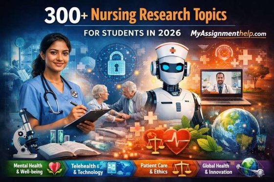 Infographic highlighting over 300 nursing research topics for students in 2026, covering areas like mental health, telehealth, patient care, and global health.
