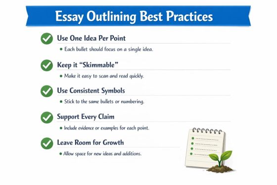 Essay outlining best practices checklist showing tips like one idea per point, keep it skimmable, use consistent symbols, support every claim, and leave room for growth.